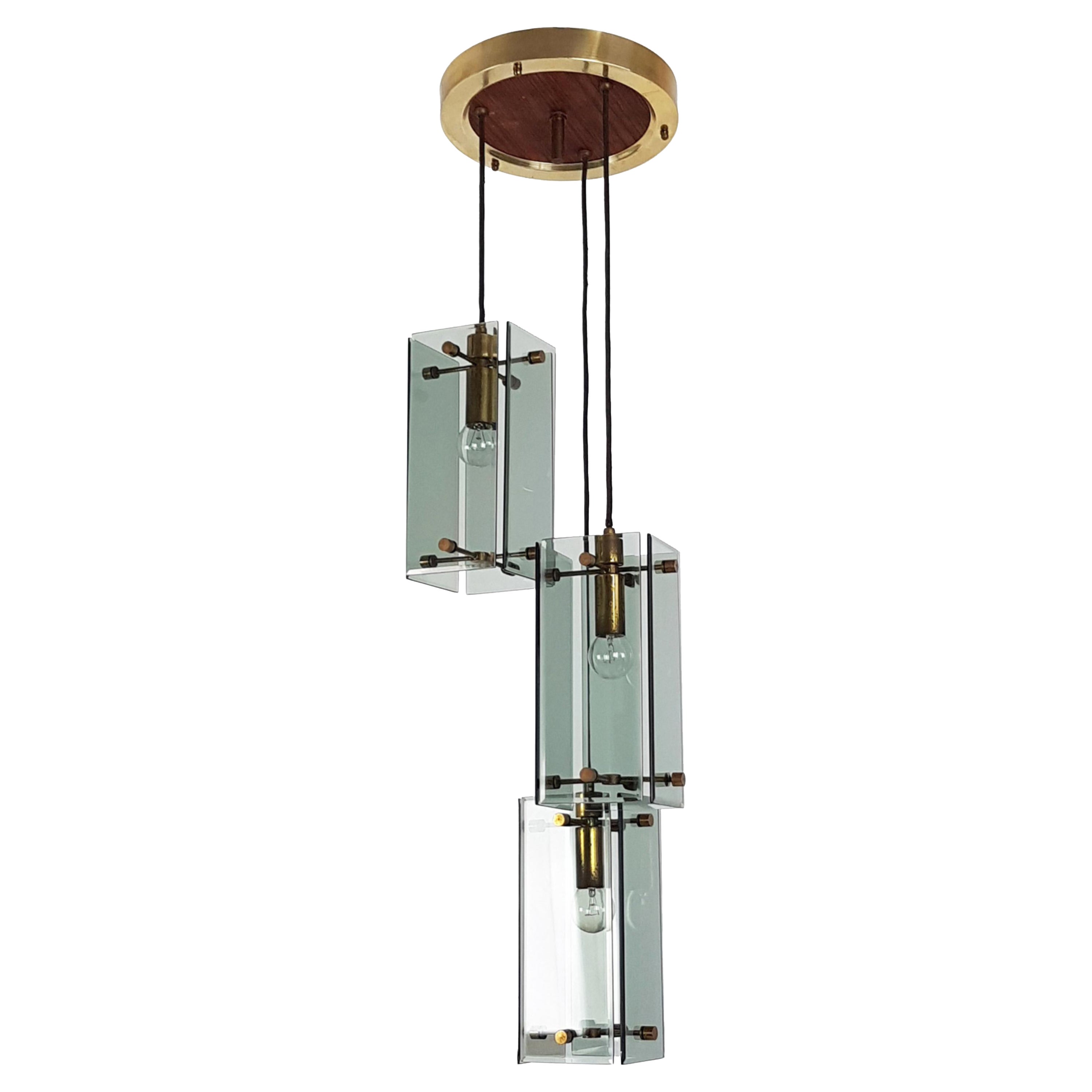 Smoked Glass, Wood and Brass Three-Lights Pendant in the Style of Fontana Arte