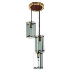 Smoked Glass, Wood and Brass Three-Lights Pendant in the Style of Fontana Arte