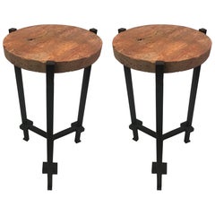 PAIR of French Wrought Iron, Travertine & Crystal Side Tables, Marc Du Plantier