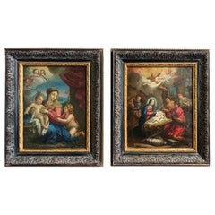 Antique Pair of 18th Century Italian Religious Oil Paintings on Copper in Carved Frames