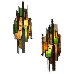 Pair of Hammered Glass Sconces by Longobard, Italy, 1970s