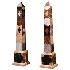 Pair of Vintage Italian Grand Tour Specimen Carved Variegated Marble Obelisks 