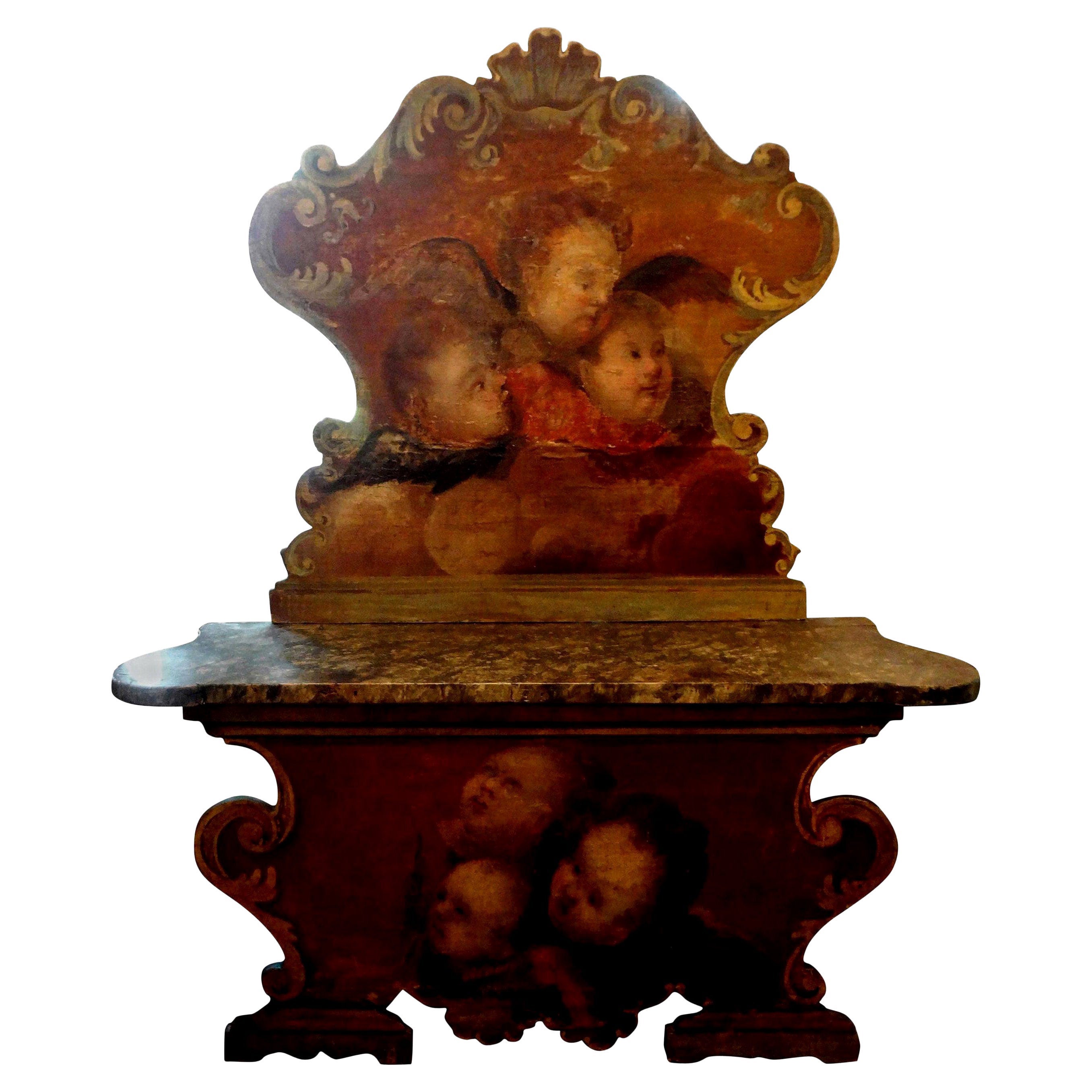 19th Century Venetian Baroque Style Carved and Painted Bench