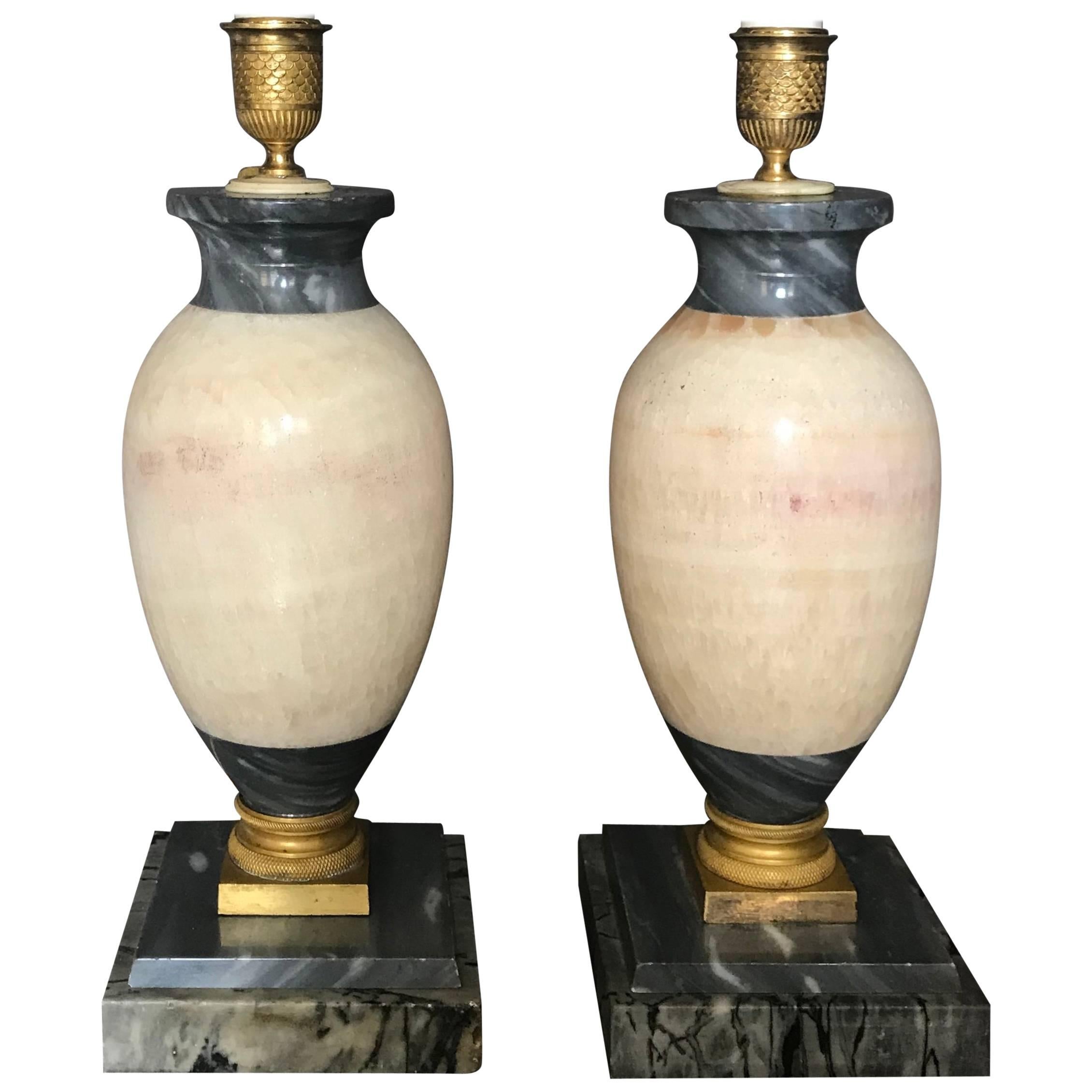 Pair of Blue John Marble Lamps For Sale
