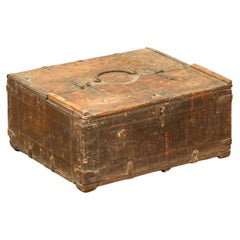 Indian Antique Wooden Dowry Box with Geometric Motifs and Weathered Patina