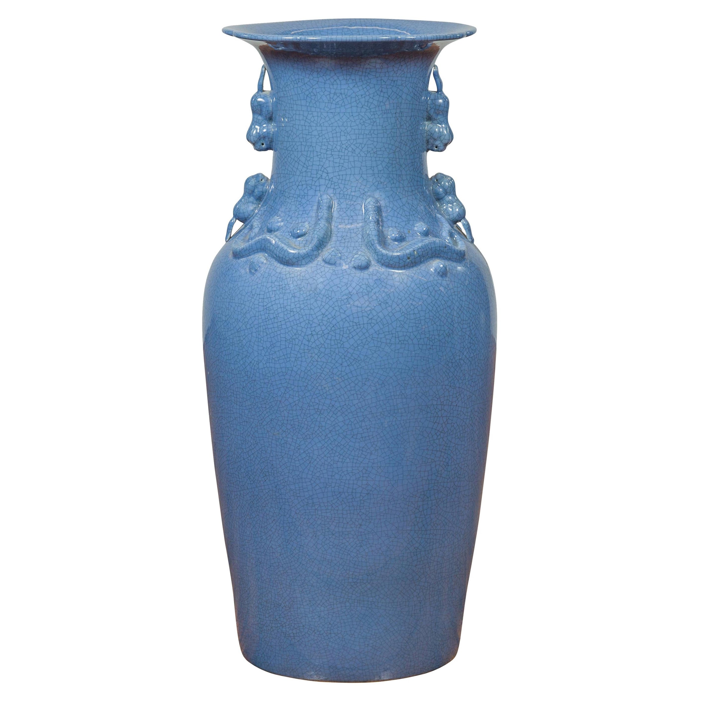 Ceremonial Altar Vase with Crackled Blue Glaze and Decorative Motifs For Sale