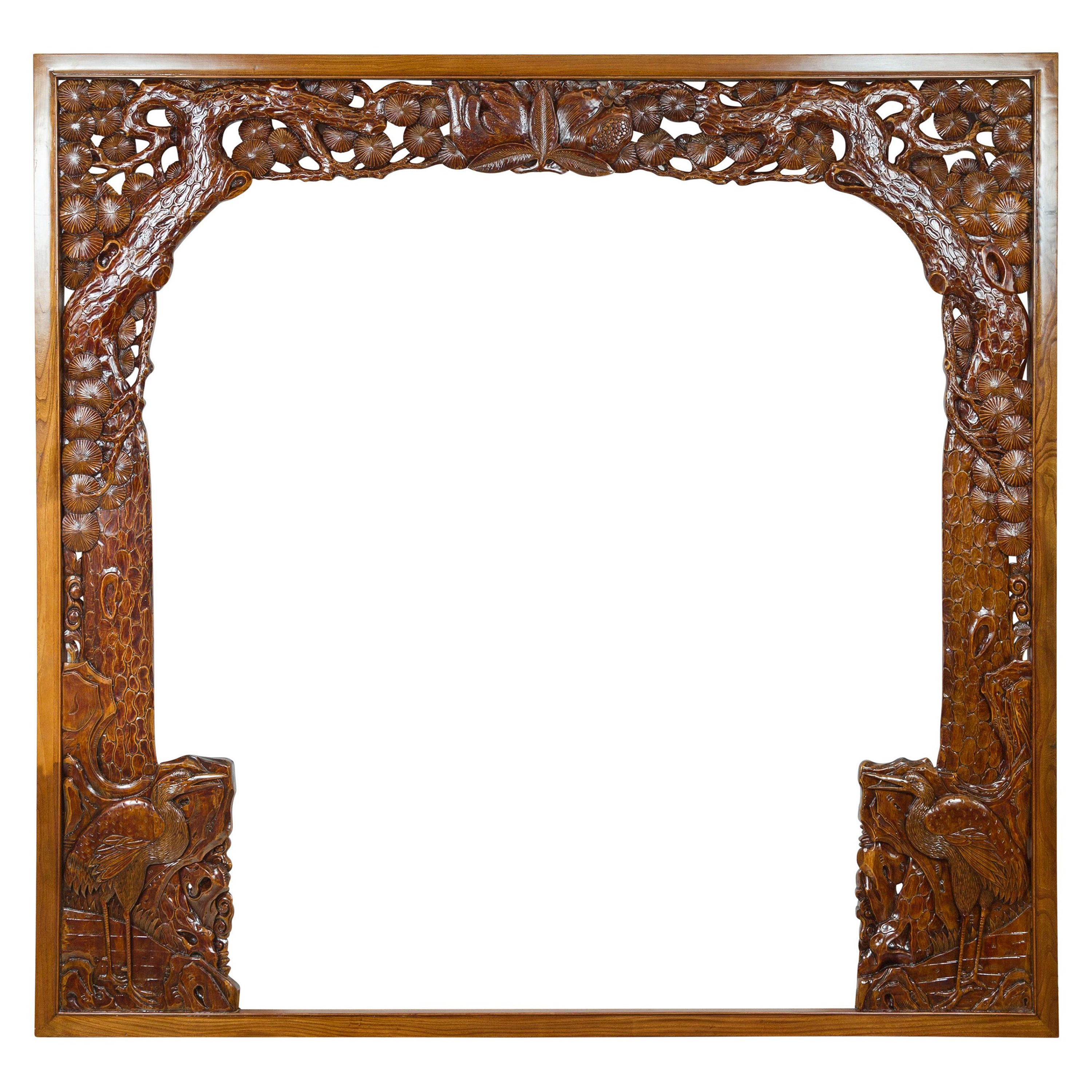 Oversized 19th Century Carved Wooden Frame with Birds, Foliage and Tree Limbs