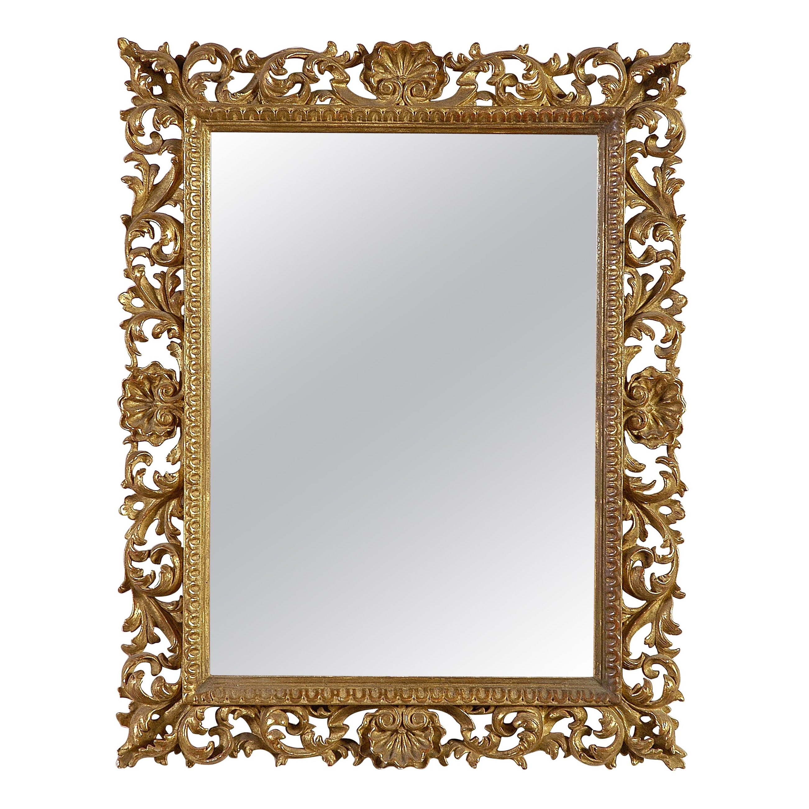 Art Nouveau Style Rectangular Gold Foil Hand Carved Wooden Mirror, 1970 For Sale