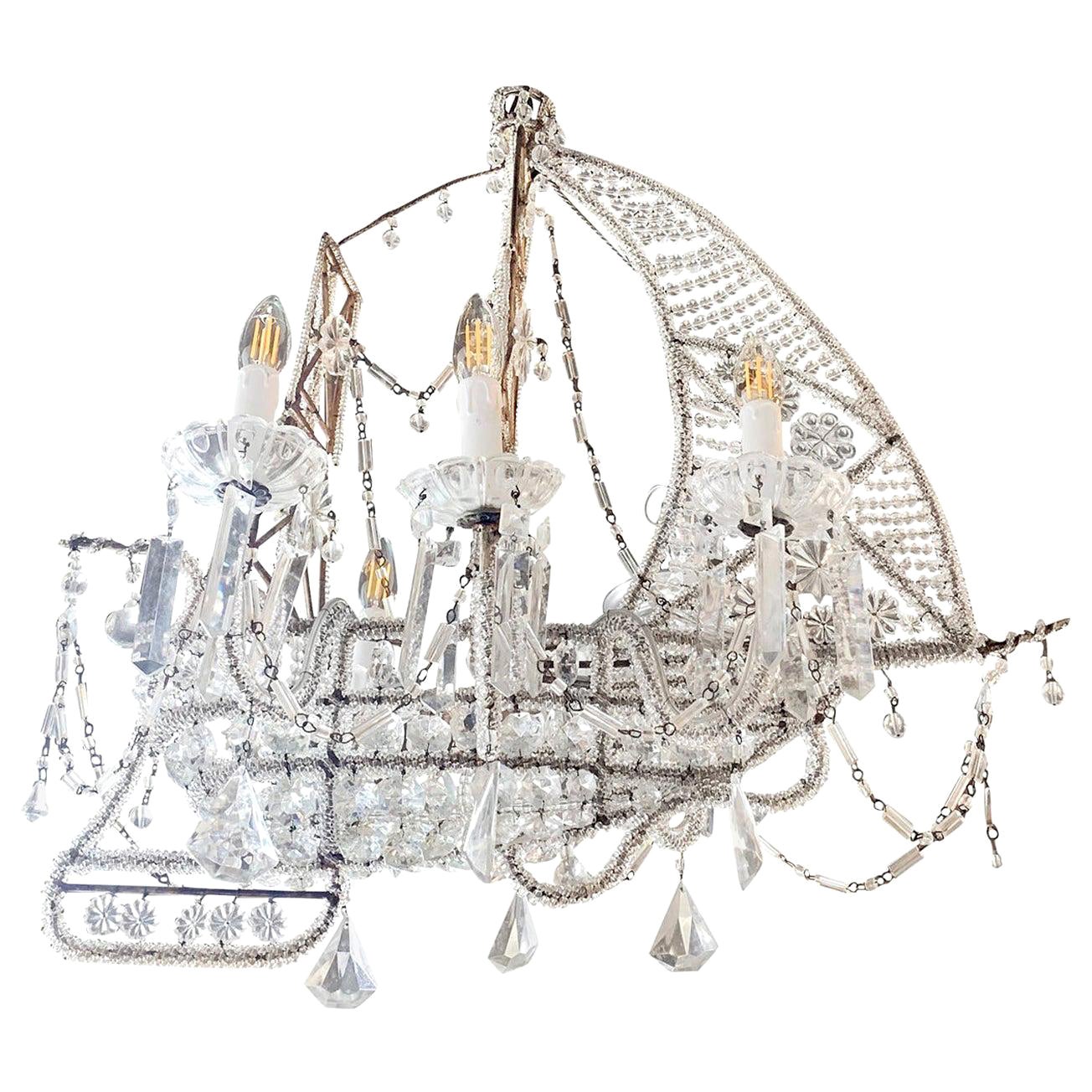 20th Century Crystal Beaded Ship Chandelier Attributed to the Maison Baguès