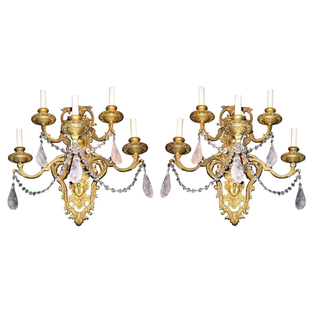 Pair of Bronze Sconces with Rock Crystal Drops For Sale