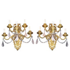 Pair of Bronze Sconces with Rock Crystal Drops