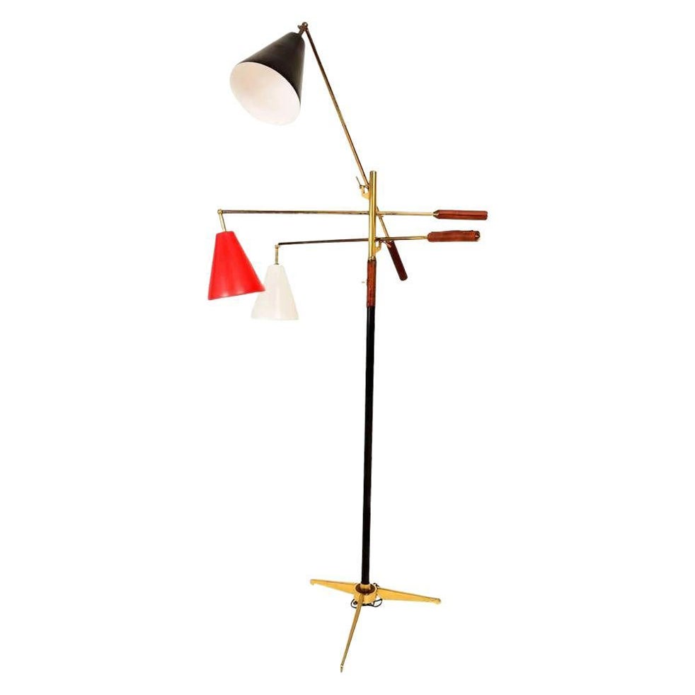 1950s Style of Early Triennale Tripod Floor Lamp Brass and Brown Leather, Italy 