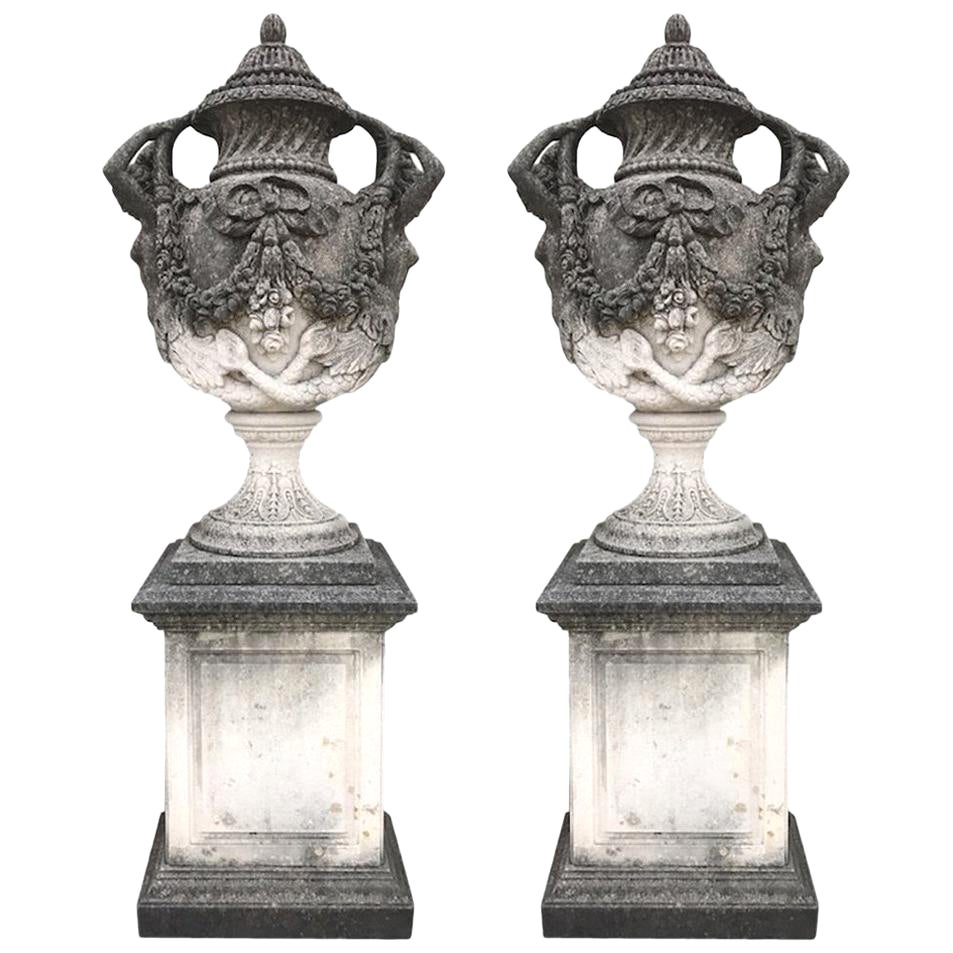 Pair of Italian Neoclassical Style Monumental Stone Garden Vases For Sale