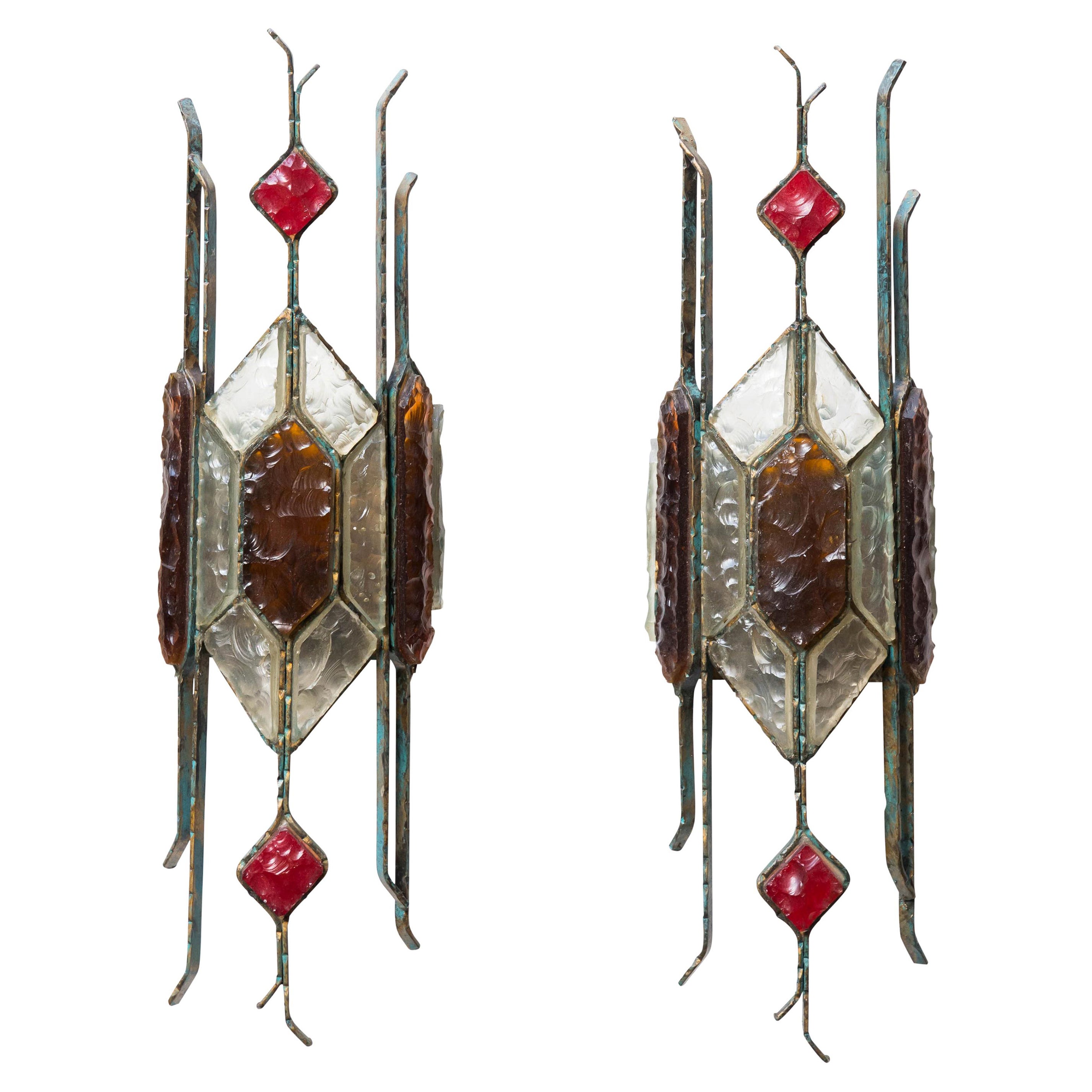 Pair of 1970s Italian Brutalist Sconces Color Glass Italian Design by Longobard
