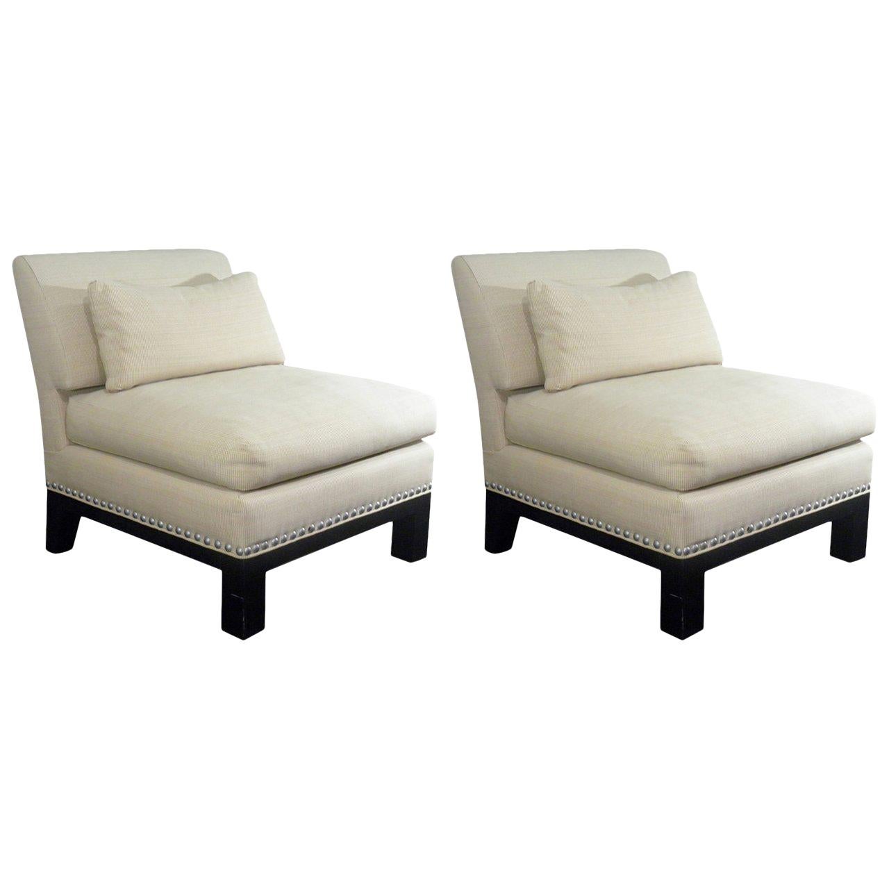 Designer ‘Onassis' Pair of Nailhead Trimmed Lounge Chairs, by Mars Jaffe, 1980s For Sale