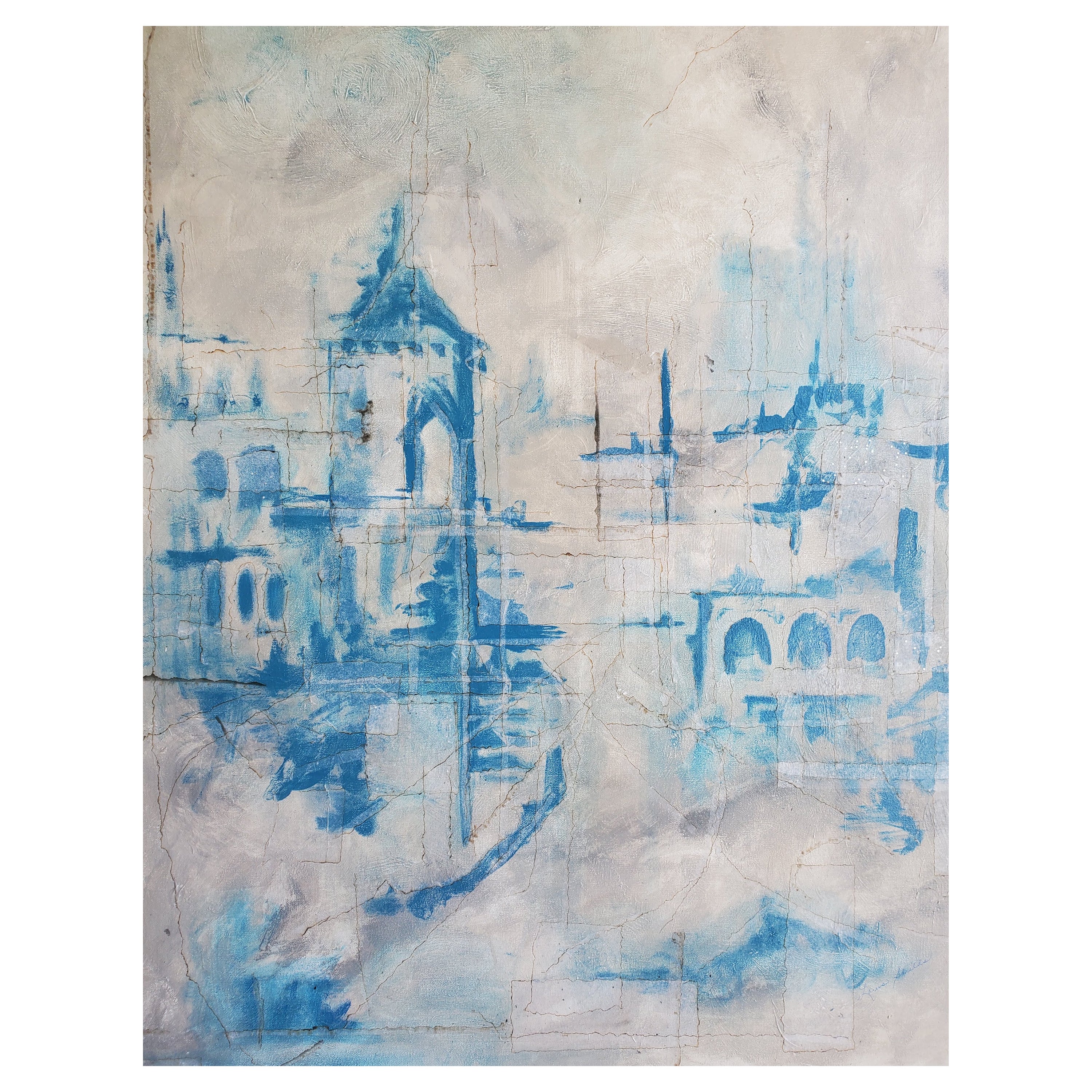 "Pathstone" Architectural Abstract Mixed-Media Painting, Blue, White, Gray
