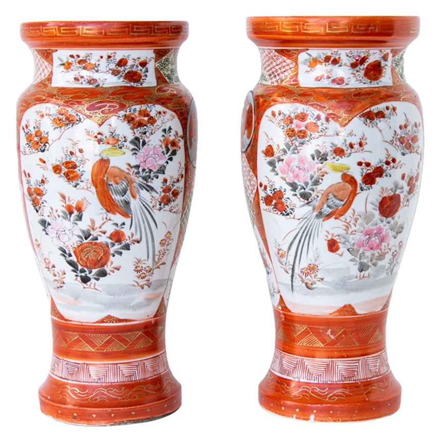 Pair of Antique Kutani Japanese Porcelain Vases For Sale at 1stDibs
