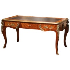 19th Century French Louis XV Leather Top Walnut Partner Desk with Bronze Mounts 