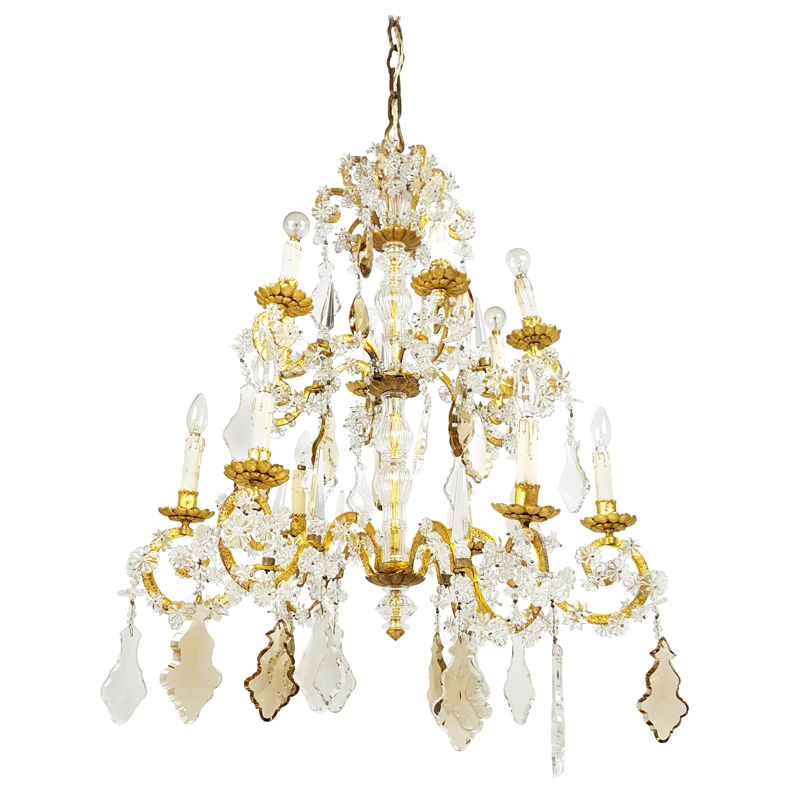 Large Italian Gold Leaf Metal and Crystal Deco 12-Lights Chandelier