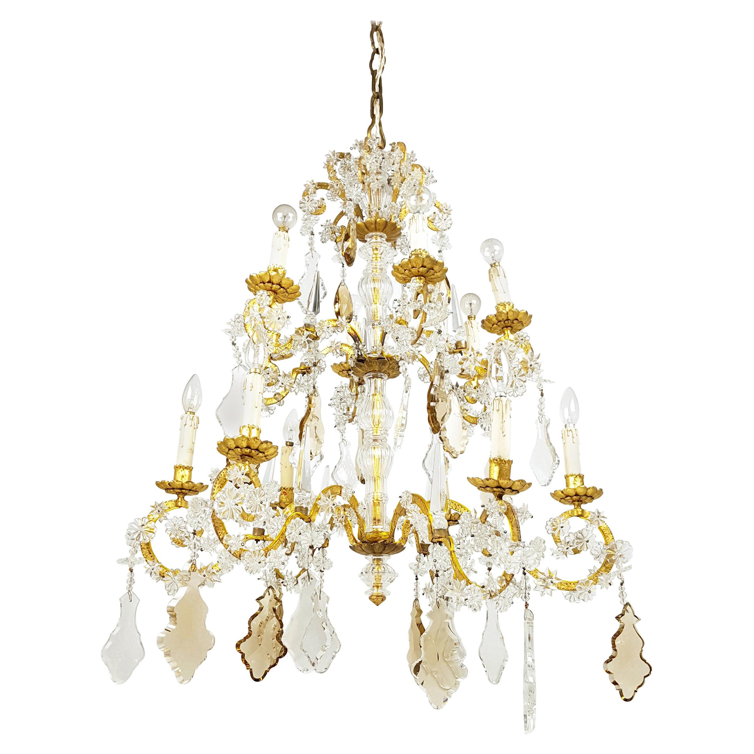 Large Italian Gold Leaf Metal and Crystal Deco 12-Lights Chandelier For Sale