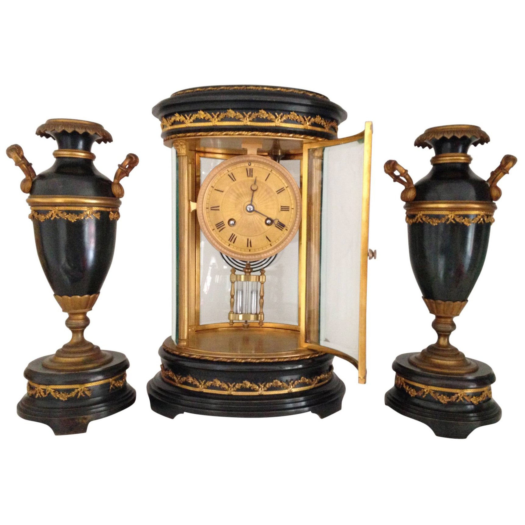 French Four Glass Library Clock Garniture, circa 1860 For Sale