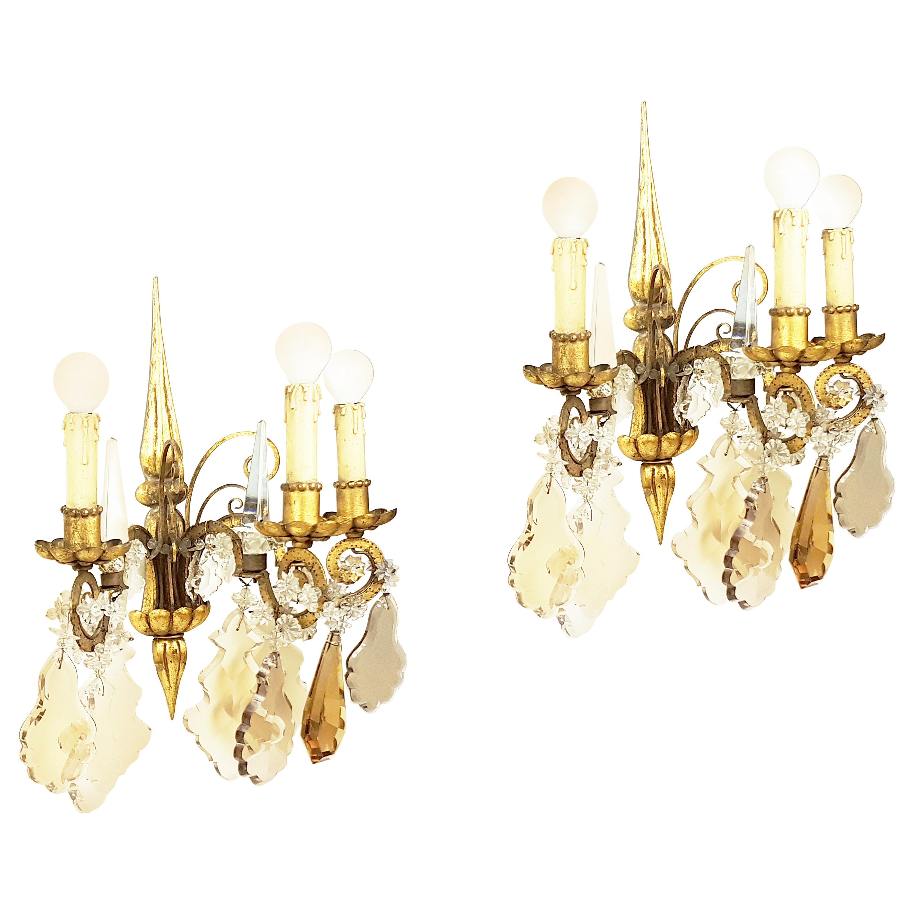 Pair of Italian Gold Leaf Metal and Faceted Crystal Deco Sconces