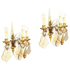 Vintage Pair of Italian Gold Leaf Metal and Faceted Crystal Deco Sconces