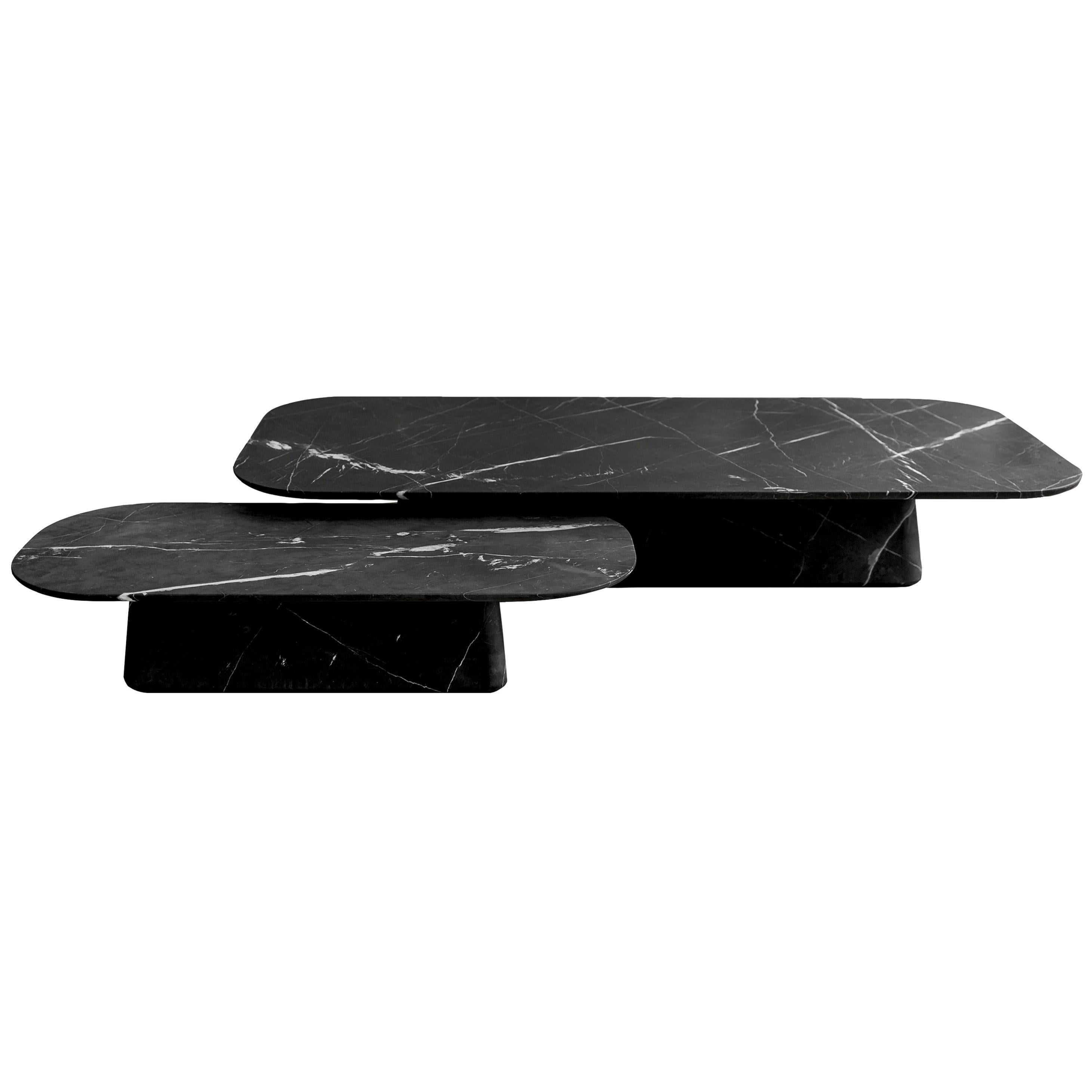 Two Pedestal Coffee Tables in Black Marble Set For Sale