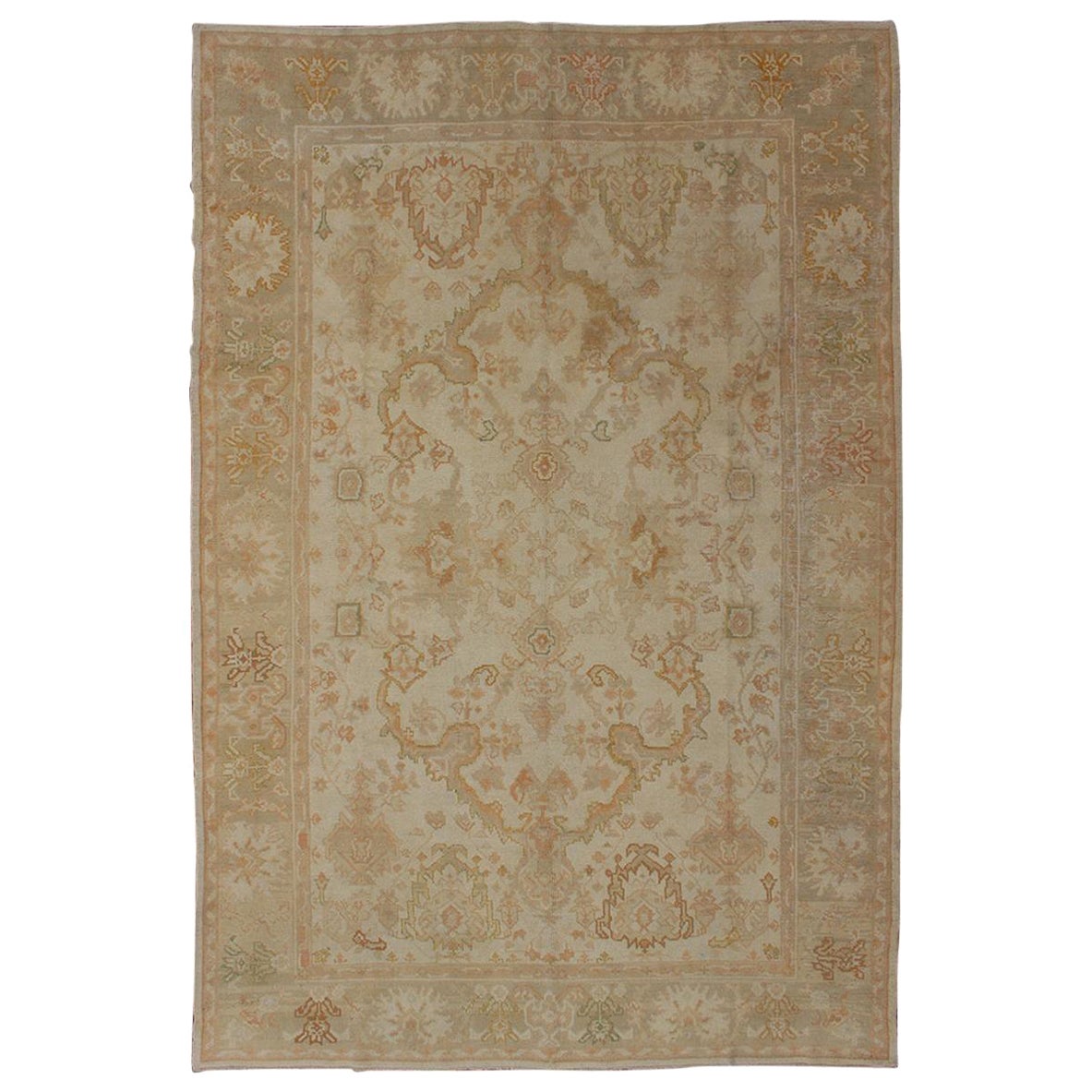 Antique Turkish Hand Knotted Oushak Rug in Taupe, Beige, Green and Copper For Sale