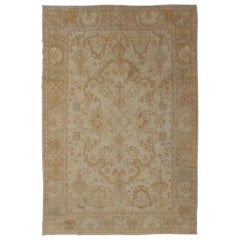 Vintage Turkish Hand Knotted Oushak Rug in Taupe, Beige, Green and Copper