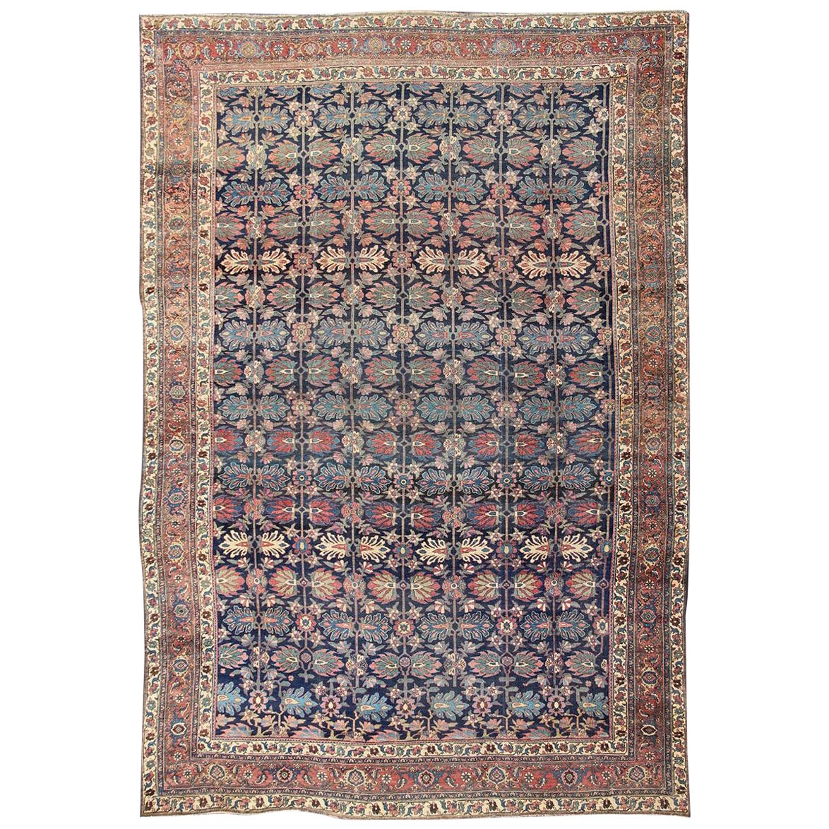 Antique Persian Bidjar Rug with a Blue Background and Tribal All-Over Pattern