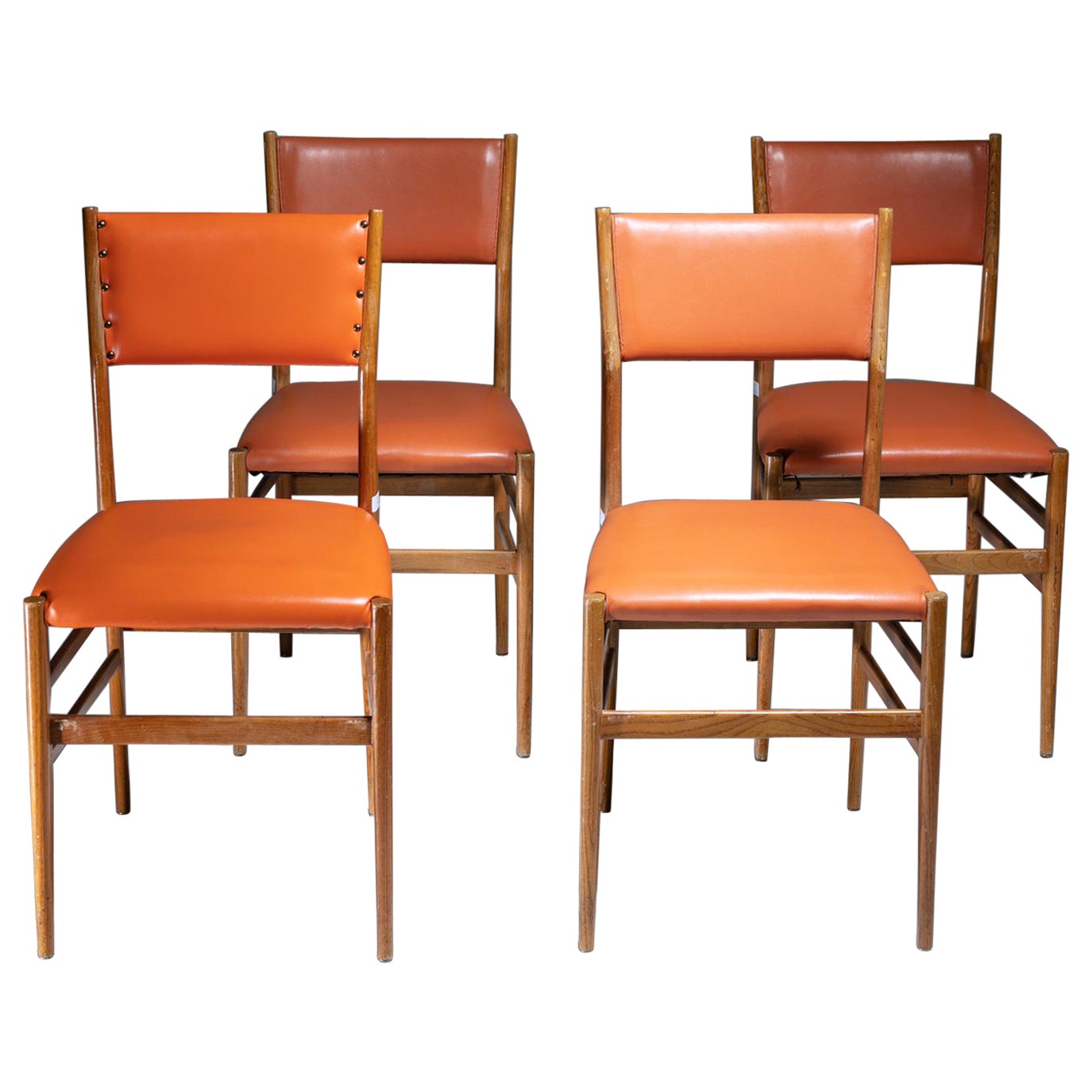 Set of 4 Orange Leather "Leggera" Chairs by Gio Ponti for Cassina, Italy, 1950s