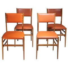 Set of 4 Orange Leather "Leggera" Chairs by Gio Ponti for Cassina, Italy, 1950s