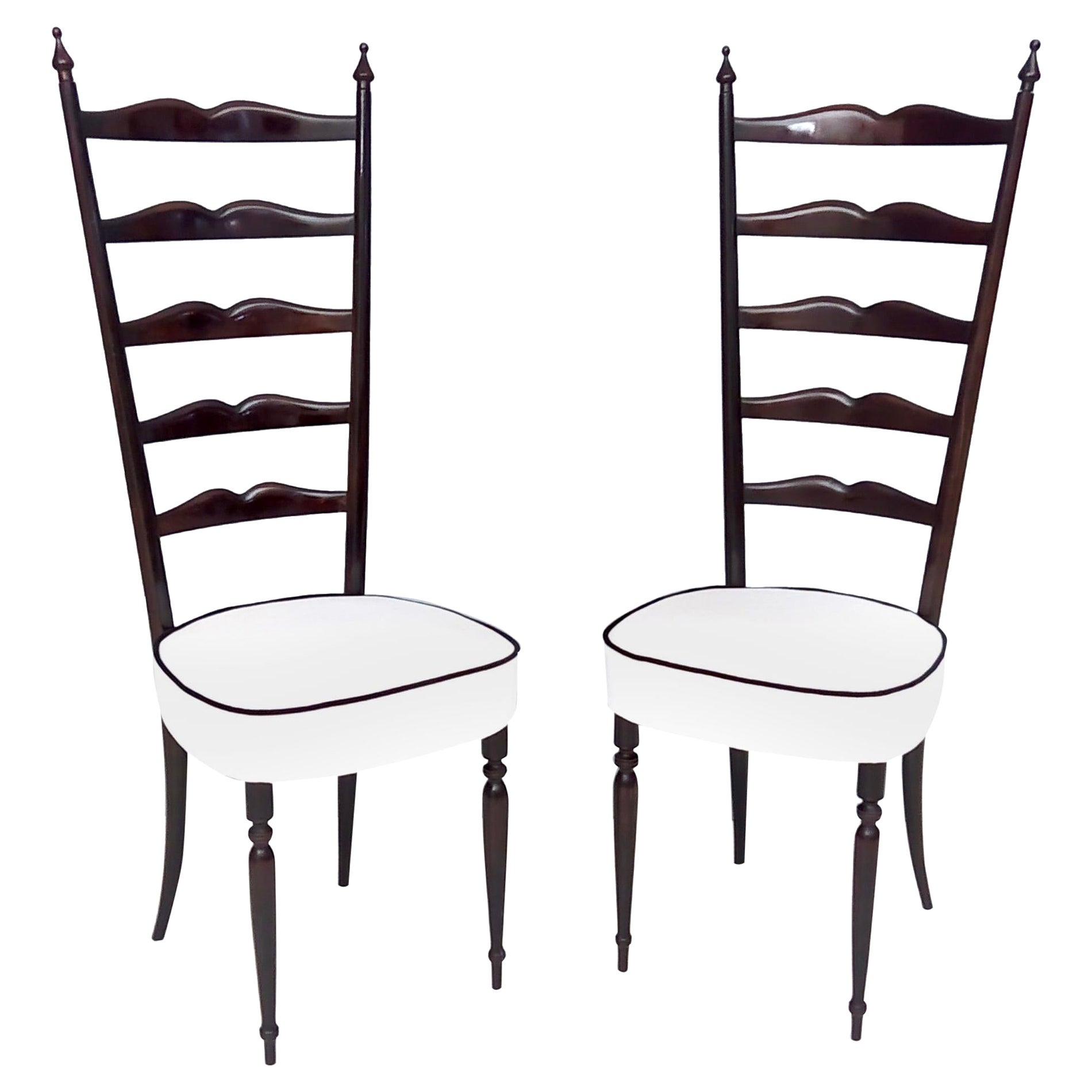 Pair of Vintage Ebonized Beech Chiavarine Chairs with White Upholstery, Italy