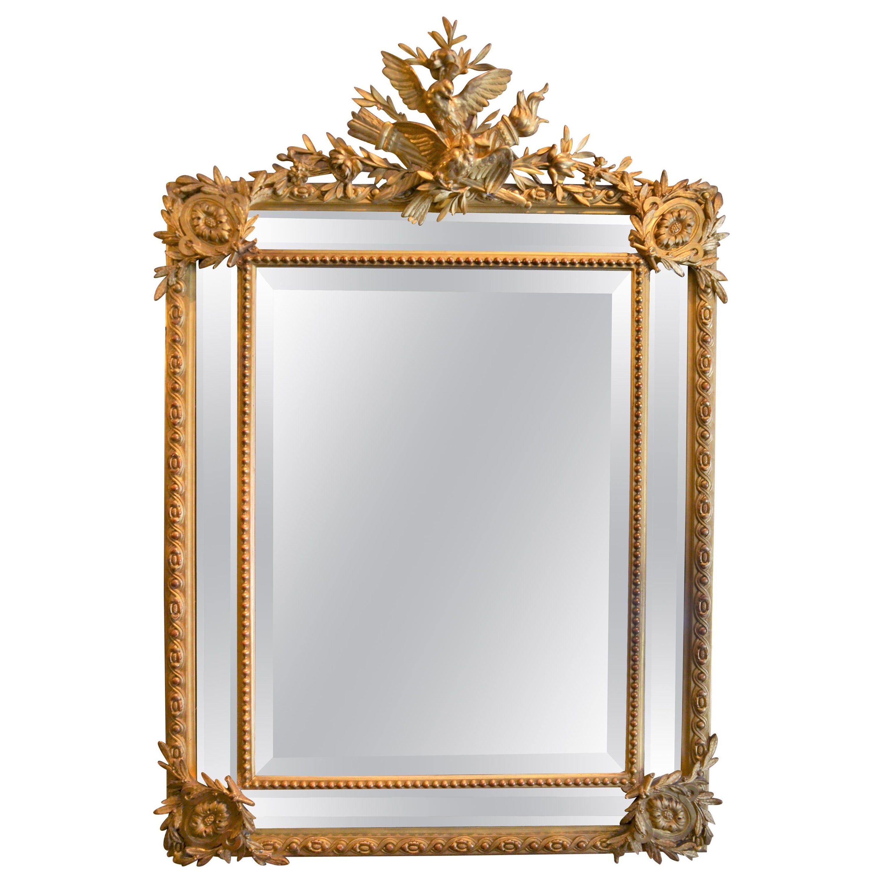 Antique French Louis XVI Style Gold Leaf Beveled Mirror For Sale