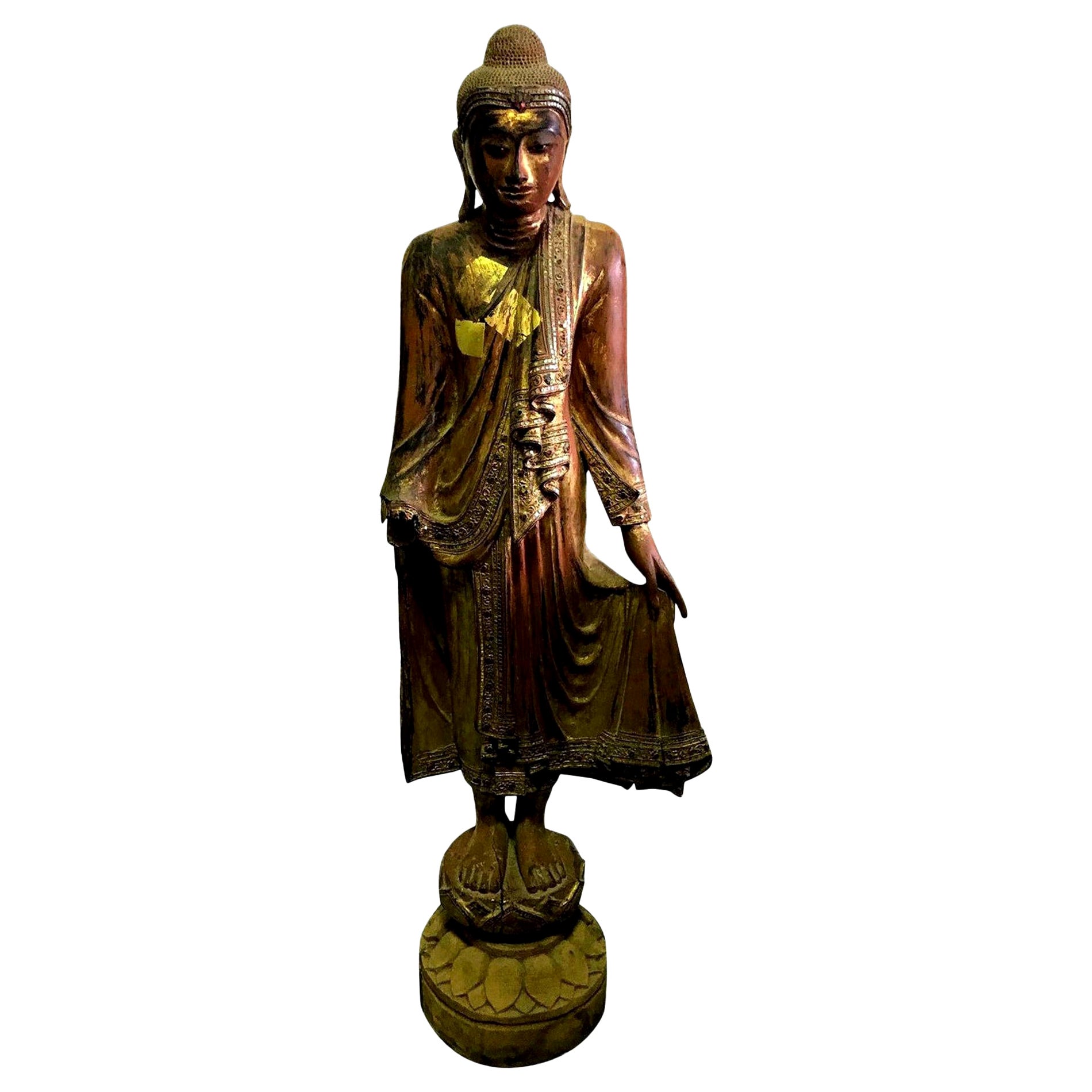 Tall Carved Wood and Gilt Standing Temple Shrine Buddha, Early 20th Century For Sale