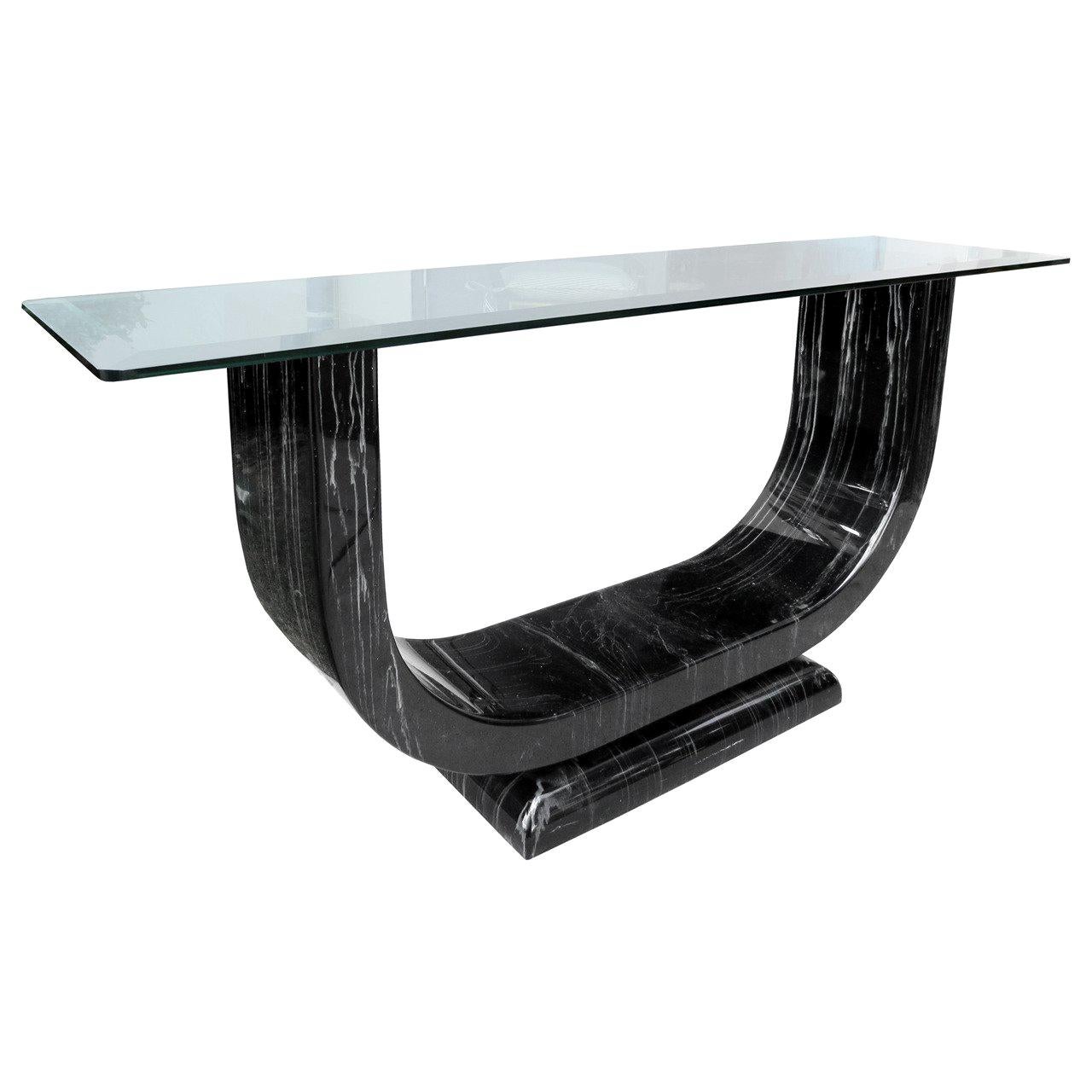Mid-20th Century Faux Marble Console in the Style of Karl Springer, Glass Top