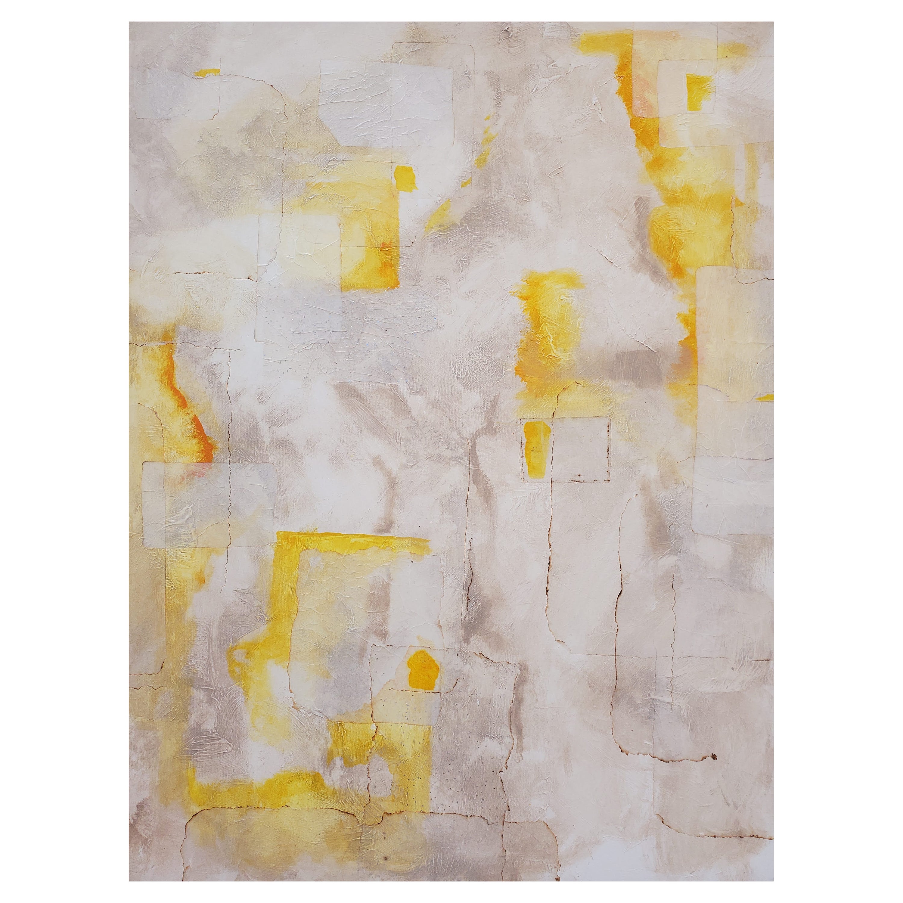 "Illusions" Abstract Mixed-Media on Canvas Painting, Yellow, Gray, White For Sale