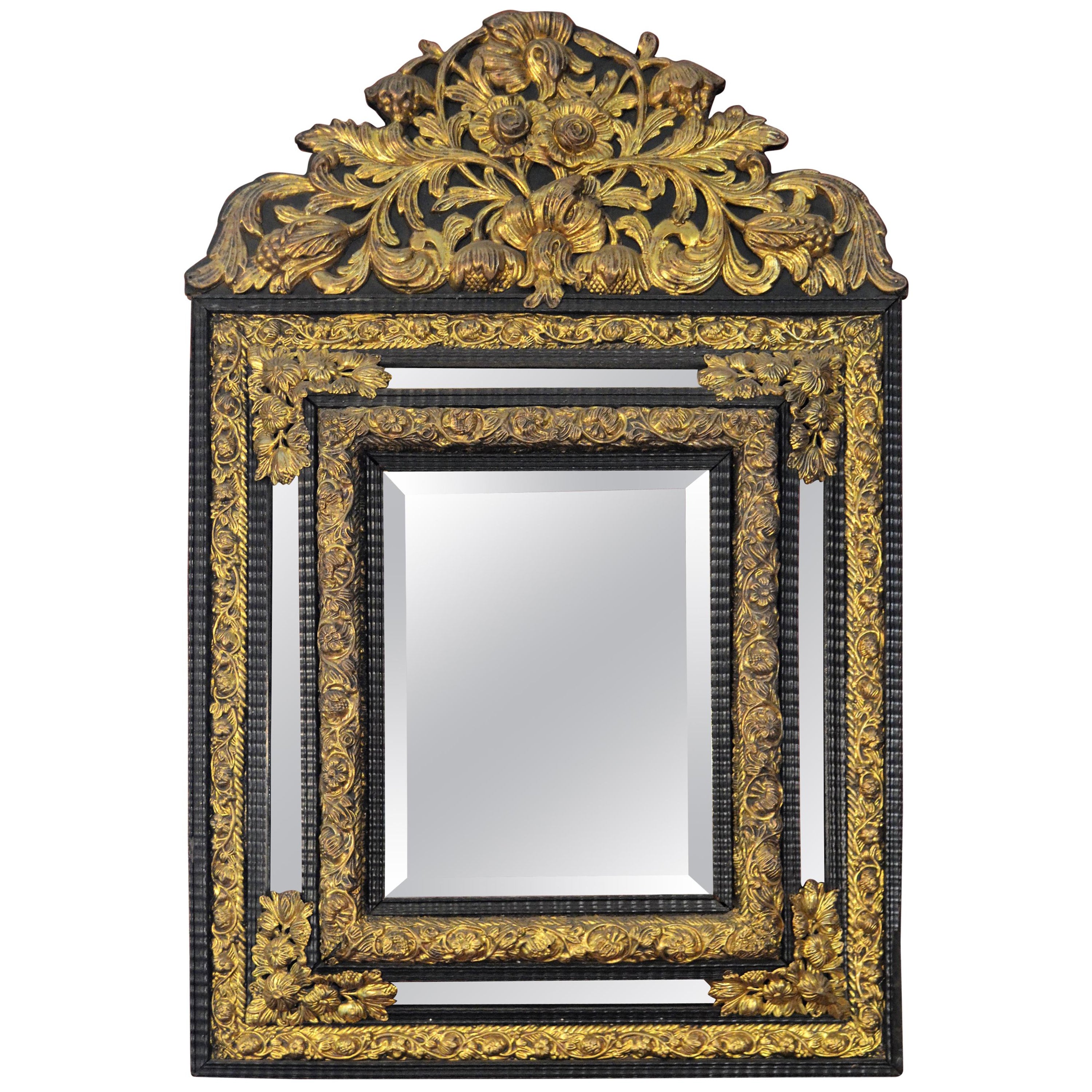 Antiker niederländischer Spiegel aus Messing und ebonisiertem Holz, um 1860