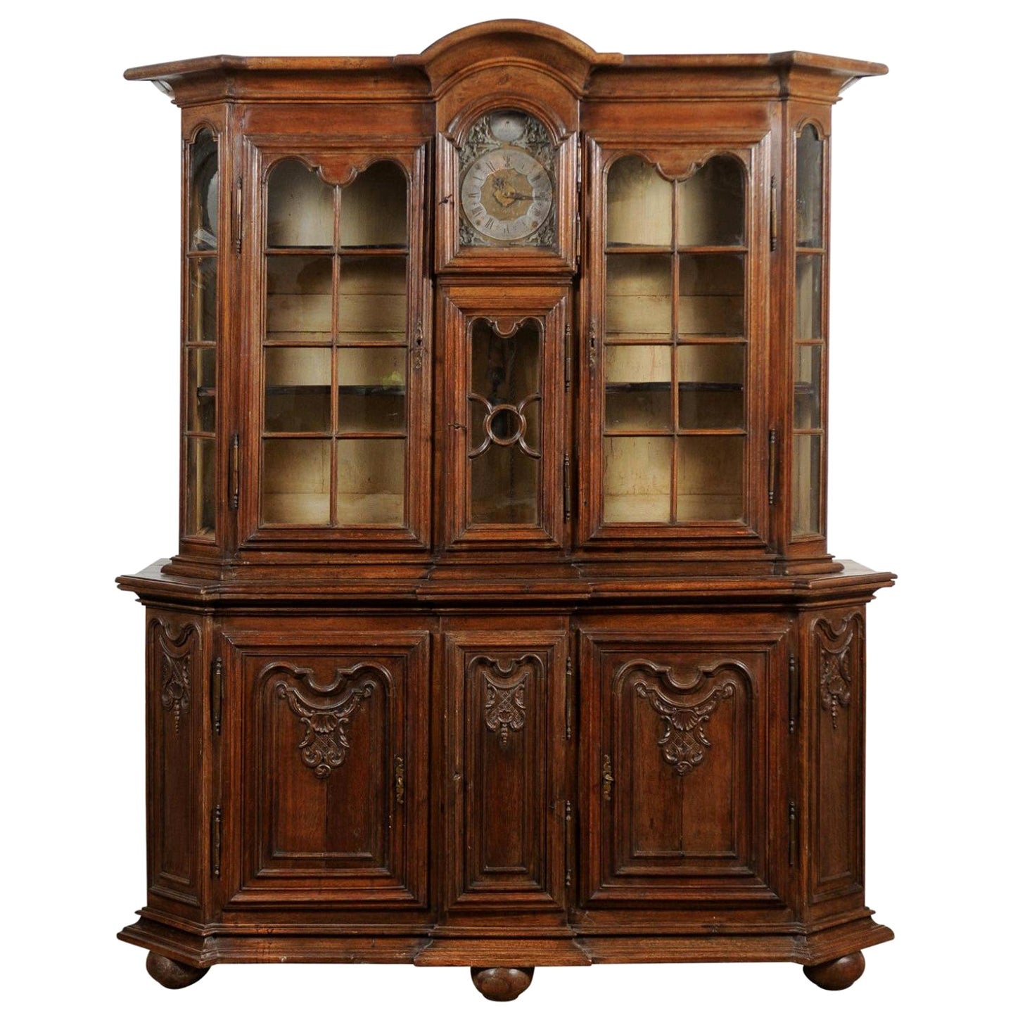 Dutch 1793s Carved Oak Buffet À Deux-Corps with Glass Doors and Pewter Clock For Sale