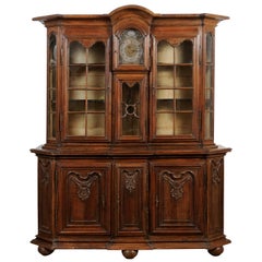 Antique Dutch 1793s Carved Oak Buffet À Deux-Corps with Glass Doors and Pewter Clock