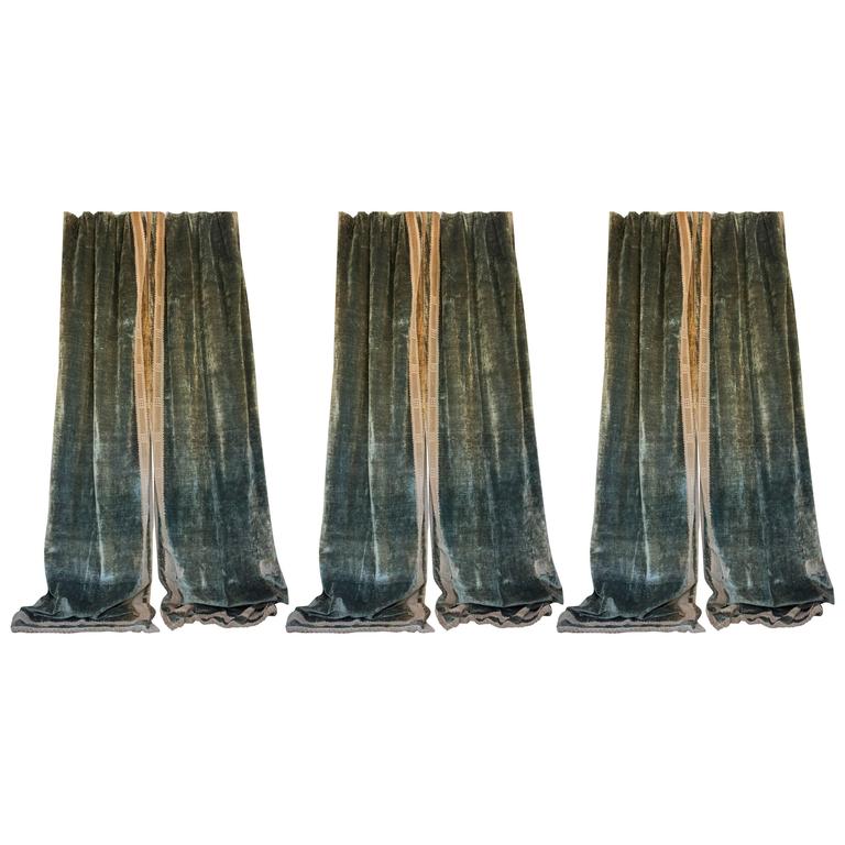 Set of Three Pairs of Antique Green Velvet Drapes For Sale at 1stdibs