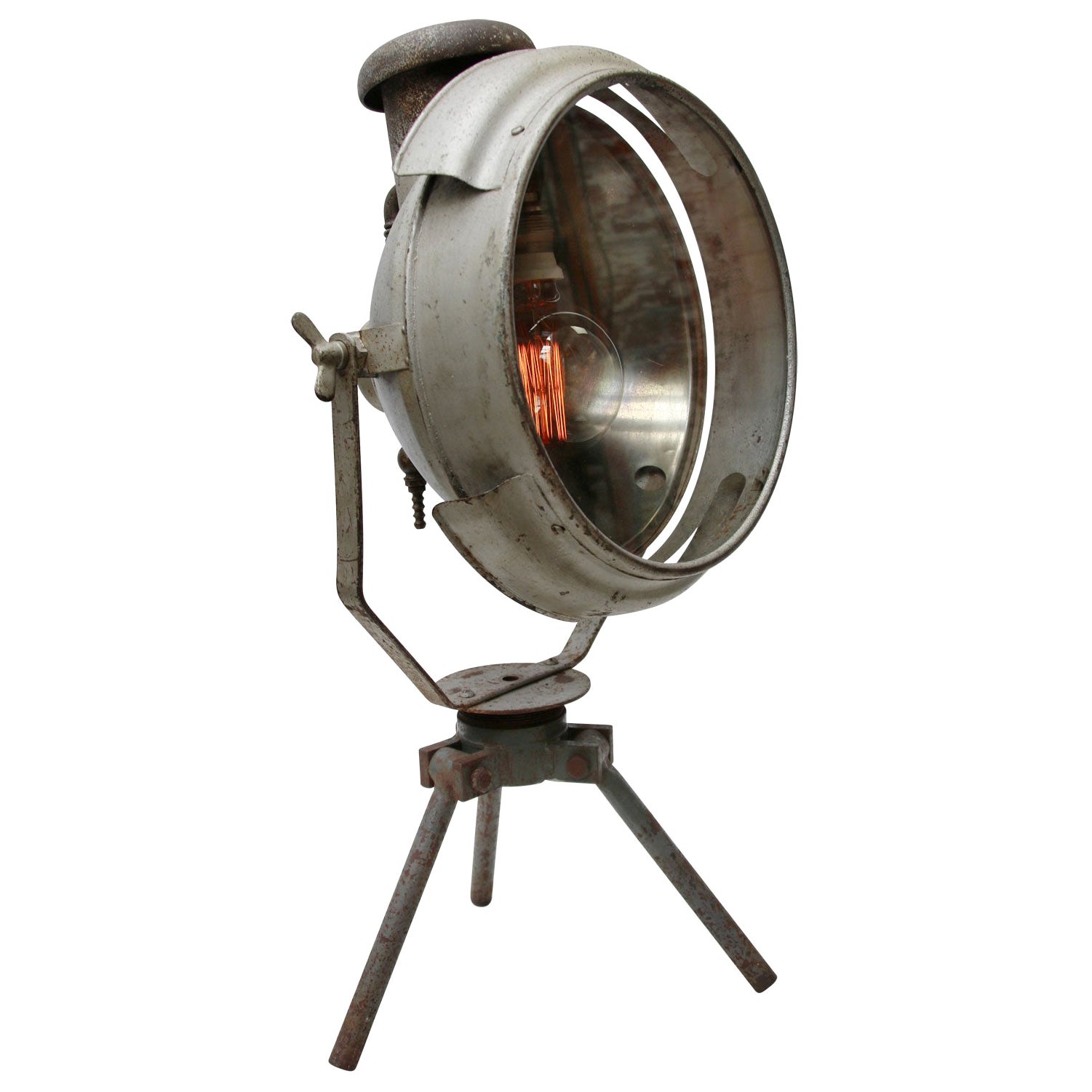 Grey Metal Vintage Industrial Clear Glass Floor Spot Lights For Sale at