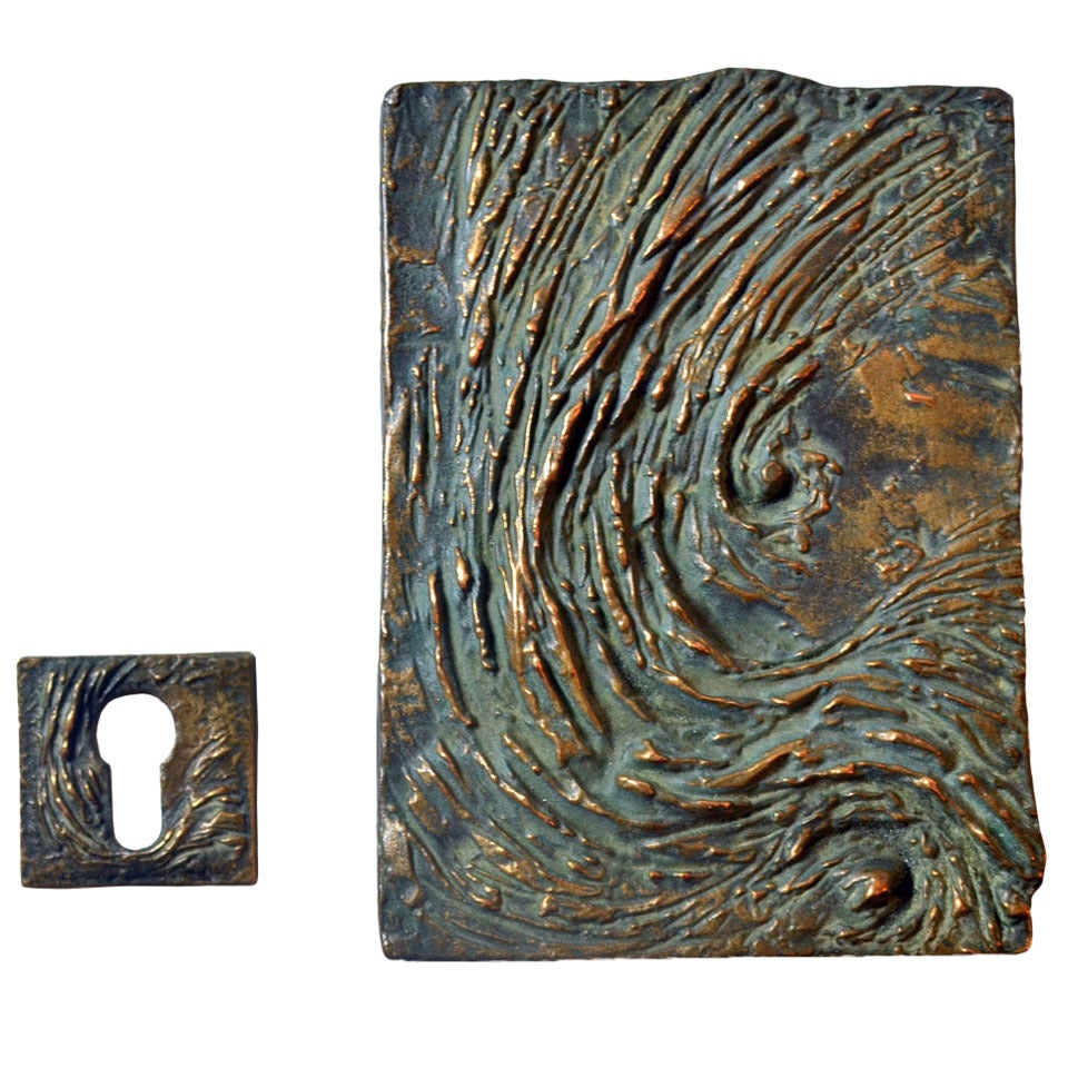 Architectural Door Handle and Key Holder in Bronze Wave Relief and Key Plate
