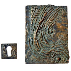 Used Architectural Door Handle and Key Holder in Bronze Wave Relief and Key Plate