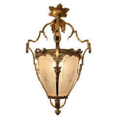 Antique Gold Bronze Hall Lantern with Finely Cut and Etched Glass, circa 1900