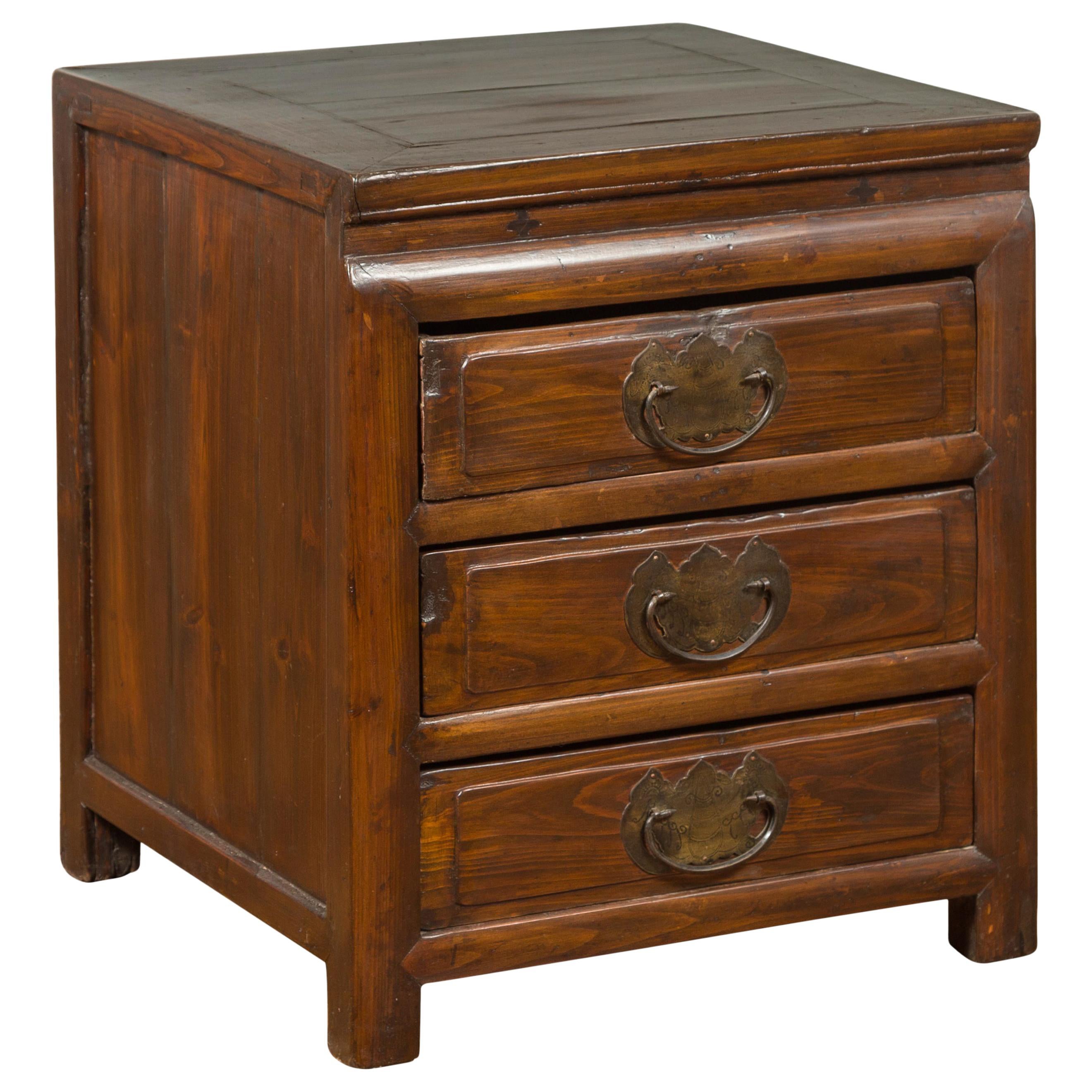 Midcentury Side Chest with Three-Drawers and Traditional Butterfly Hardware For Sale