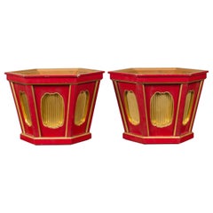 Antique Japanese Taishō Gold and Red Lacquer Hexagonal Planters with Reeded Cartouches