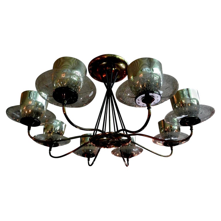 Large Gerald Thurston for Lightolier Brass, Iron and Glass Chandelier For Sale