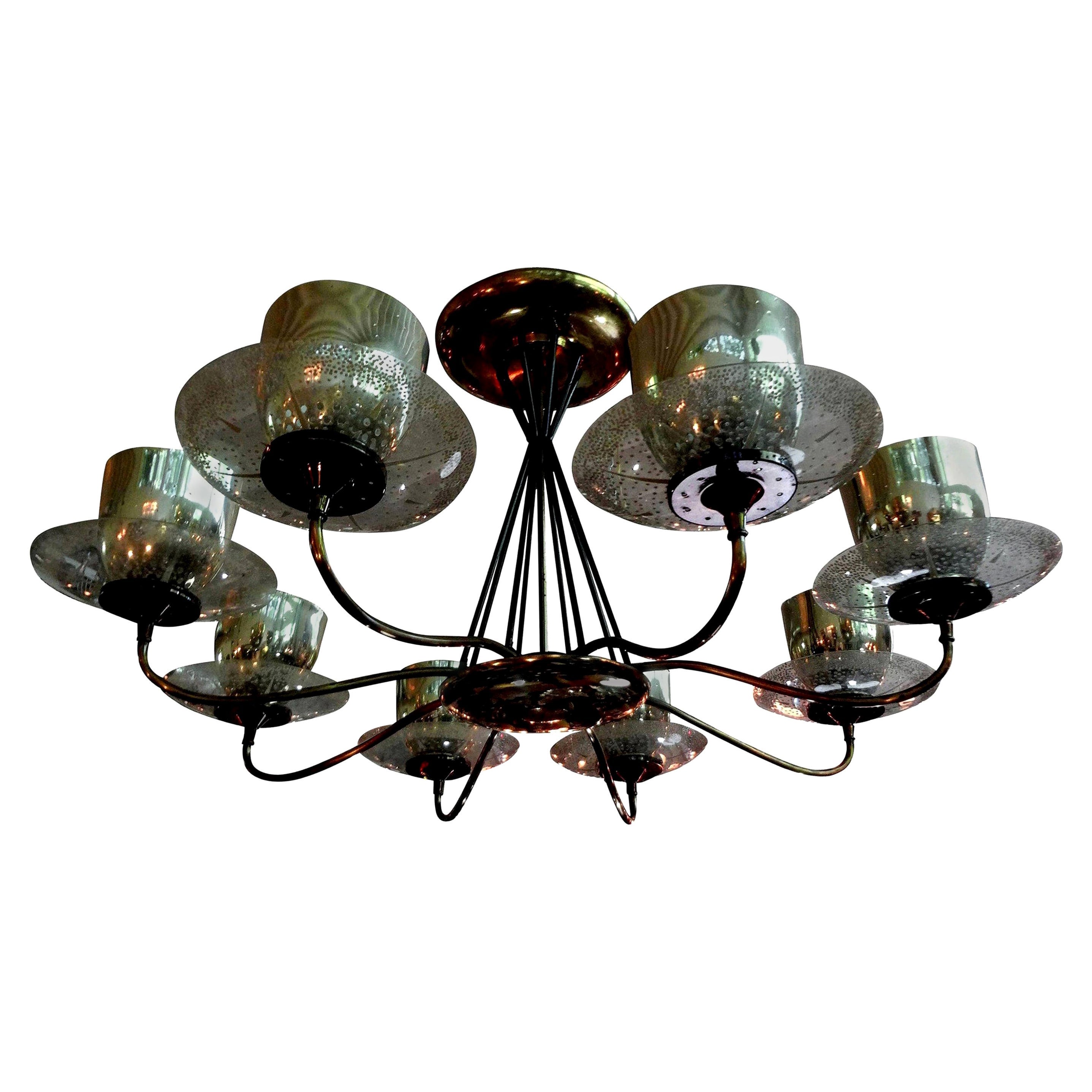 Large Gerald Thurston for Lightolier Brass, Iron and Glass Chandelier For Sale